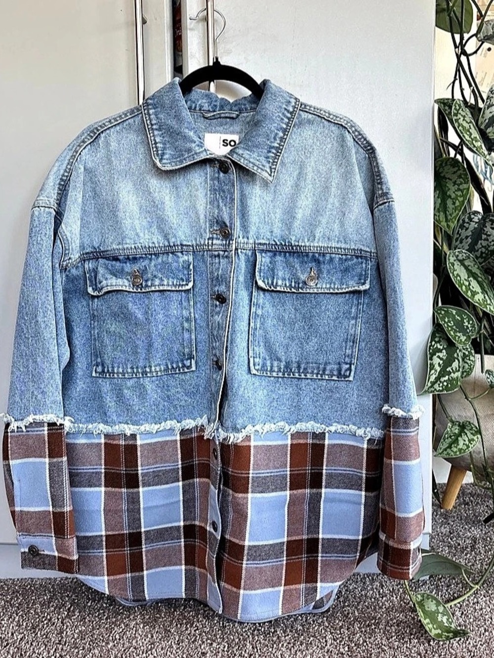 SO Denim & Plaid Mixed Media Shacket Blue & Brown